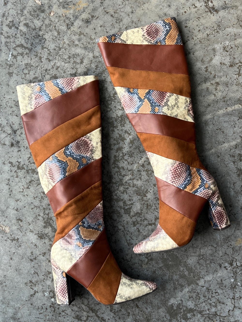 Knee High Patchwork Snake Print Brown Faux Leather Heeled Boots Women’s 7.5
